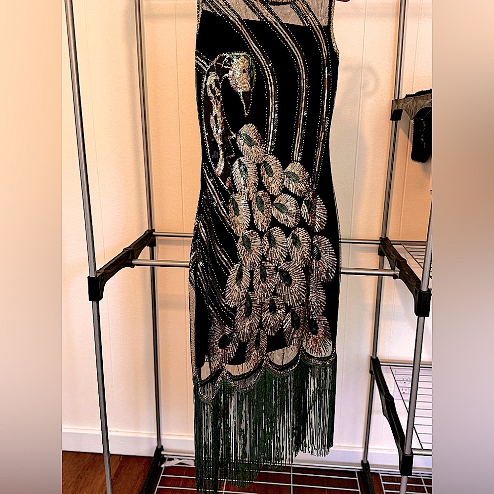 New! Sequined 20’s Flapper Black Dress. Stunning Gold Peacock & Green Tassels.